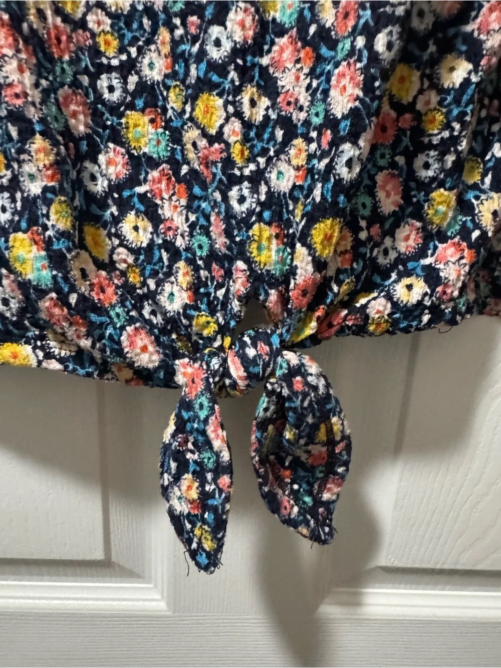 LOFT Navy Floral Puff-Sleeve Tie-Front Top